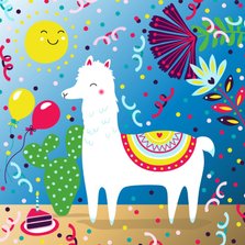 Verjaardagskaart met alpaca, taart en slingers