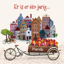 Verjaardagskaart met bakfiets en tulpen