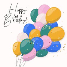 Verjaardagskaart met hippe gekleurde ballonnen en confetti