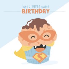 Verjaardagskaart met illustratie van een SUPER muffin