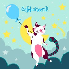 Verjaardagskaart  met kat met blauwe ballon in de wolken