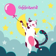 Verjaardagskaart met kat met roze ballon in de wolken