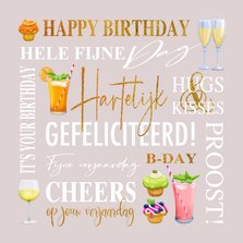 Verjaardagskaart met teksten, drankjes en gebakjes goud