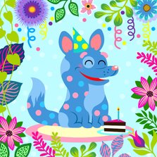 Verjaardagskaart met vrolijke hond, slingers en taart