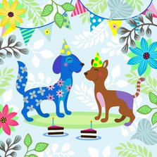 Verjaardagskaart met vrolijke honden en gezelligheid