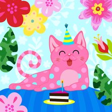 Verjaardagskaart met vrolijke kat, bloemen en taart