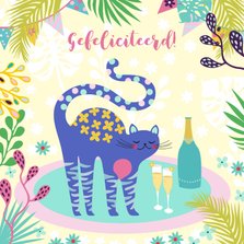 Verjaardagskaart met vrolijke kat, champagne en planten