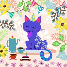 Verjaardagskaart met vrolijke kat, koffie en taart