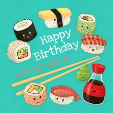 Verjaardagskaart met vrolijke sushi