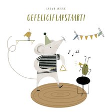 Verjaardagskaart muisje en diertjes met muziek illustratie