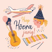 Verjaardagskaart muziek en vliegtuig