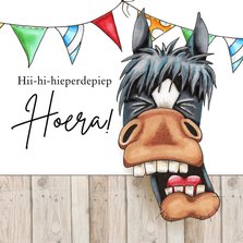 Verjaardagskaart paard hii-hi-hieperdepiep hoera