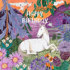 Verjaardagskaart paard in de bergen met bloemen