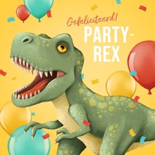 Verjaardagskaart party-rex grappig ballonnen confetti dino