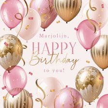 Verjaardagskaart roze goud ballonnen confetti slingers