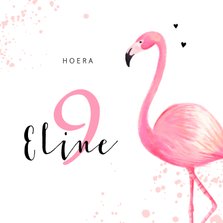 Verjaardagskaart roze met flamingo en spetters
