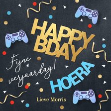 Verjaardagskaart stoer krijtbord game controller en confetti