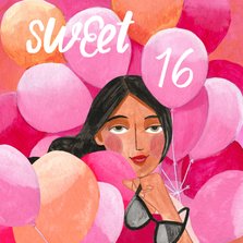 Verjaardagskaart sweet 16 met roze ballonnen