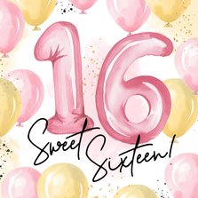 Verjaardagskaart sweet sixteen roze cijferballon 16