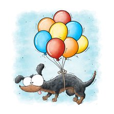 Verjaardagskaart teckel hond aan ballonnen
