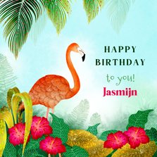 Verjaardagskaart tropical met flamingo