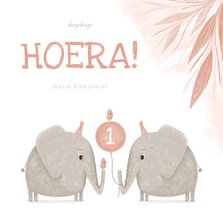 Verjaardagskaart tweeling roze 1 jaar olifantjes met vogels
