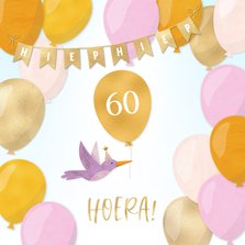 Verjaardagskaart vogeltje met leeftijd, slinger en ballonnen
