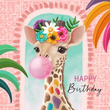 Verjaardagskaart voor een vrouw met giraffe en bloemen