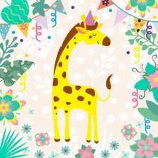 Verjaardagskaart voor kind met vrolijke giraf en slingers