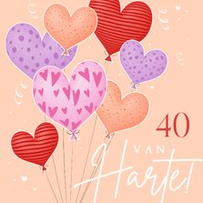 Verjaardagskaart vrolijk leeftijd en 3d hartjes ballonnen