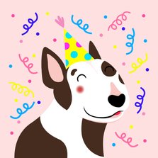 Verjaardagskaart vrolijke bull terrier met slingers