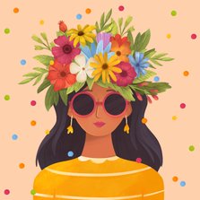 Verjaardagskaart vrouw bloemen kleurrijk confetti