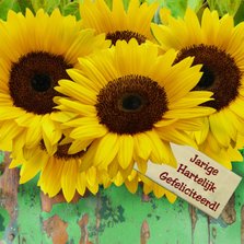 Verjaardagskaart Zonnebloemen met hout en felicitatie
