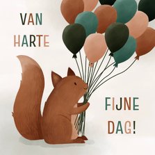 Verjaardagskaartje illustratie eekhoorn met ballonnen groen