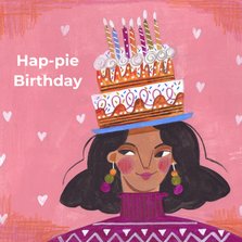 Verjaardagstaart vrouw met taart hap-pie birthday