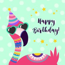 Vrolijke en grappige verjaardagskaart met flamingo met bril