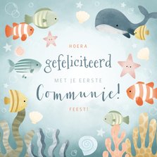 Vrolijke felicitatiekaart eerste communie met visjes