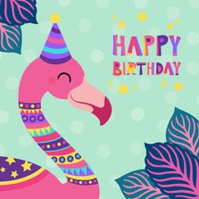 Vrolijke felicitatiekaart met kleurrijke flamingo