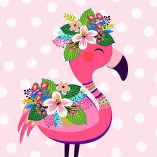 Vrolijke flamingo verjaardagskaart en bloemen