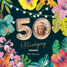 Vrolijke Hawaii uitnodiging bloemen en 50 ballonnen