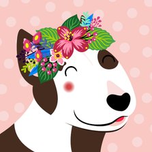 Vrolijke hond met bloemen verjaardagskaart