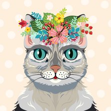 Vrolijke kat verjaardagskaart met bloemen