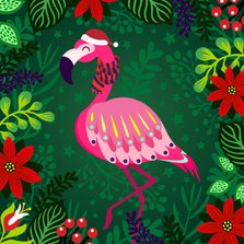Vrolijke kerstkaart met flamingo met sjaal