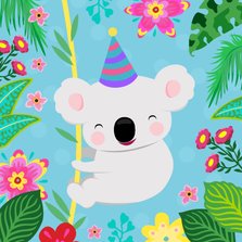 Vrolijke koala en planten kleurrijke verjaardagskaart 