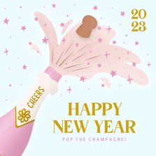 Vrolijke nieuwjaarskaart roze met champagnefles
