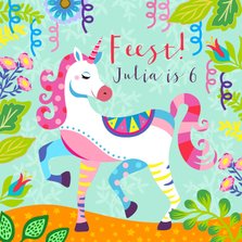Vrolijke uitnodiging voor kinderfeestje met unicorn en foto
