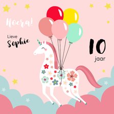 Vrolijke unicorn verjaardagskaart met ballonnen