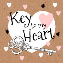 Vrolijke valentijnskaart met geïllustreerde sleutel en hart