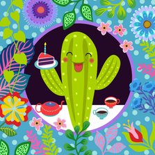 Vrolijke verjaardagskaart met cactus en bloemen
