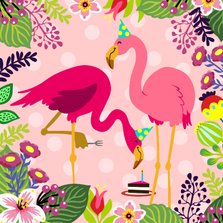 Vrolijke verjaardagskaart met flamingo's en taart